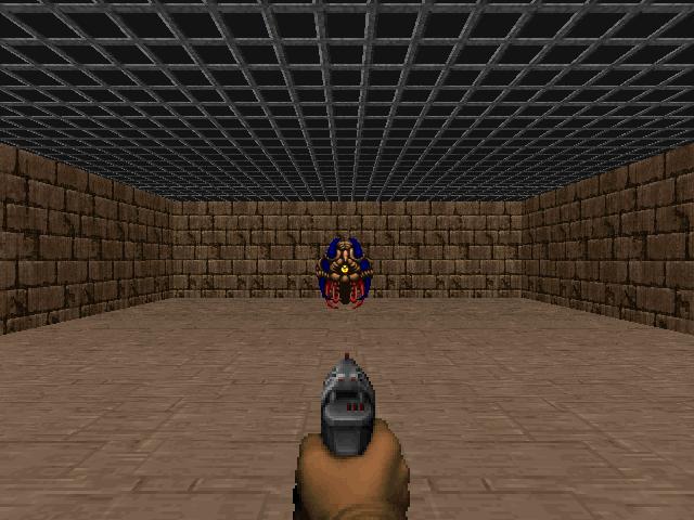 the fly's view. The first frame of a doomfly episode in the defend-the-center arena, with a cacodemon dead ahead. This is the fly's single viewport; the recording of the fly and Jev playing side by side did not survive